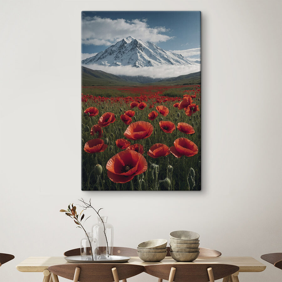 Veld met rode bloemen met een berg op de achtergrond