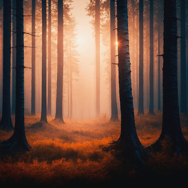 Bos met bomen en mist Bos met bomen en mist