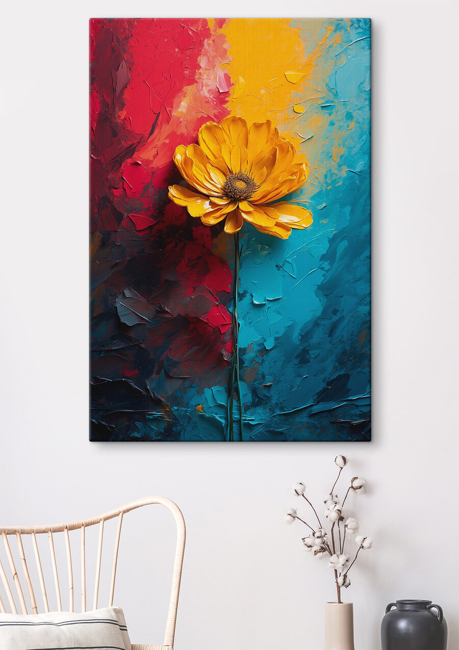 Gele bloem op een blauwe en rode achtergrond