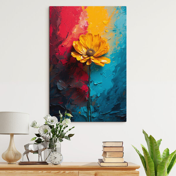 Gele bloem op een blauwe en rode achtergrond Gele bloem op een blauwe en rode achtergrond