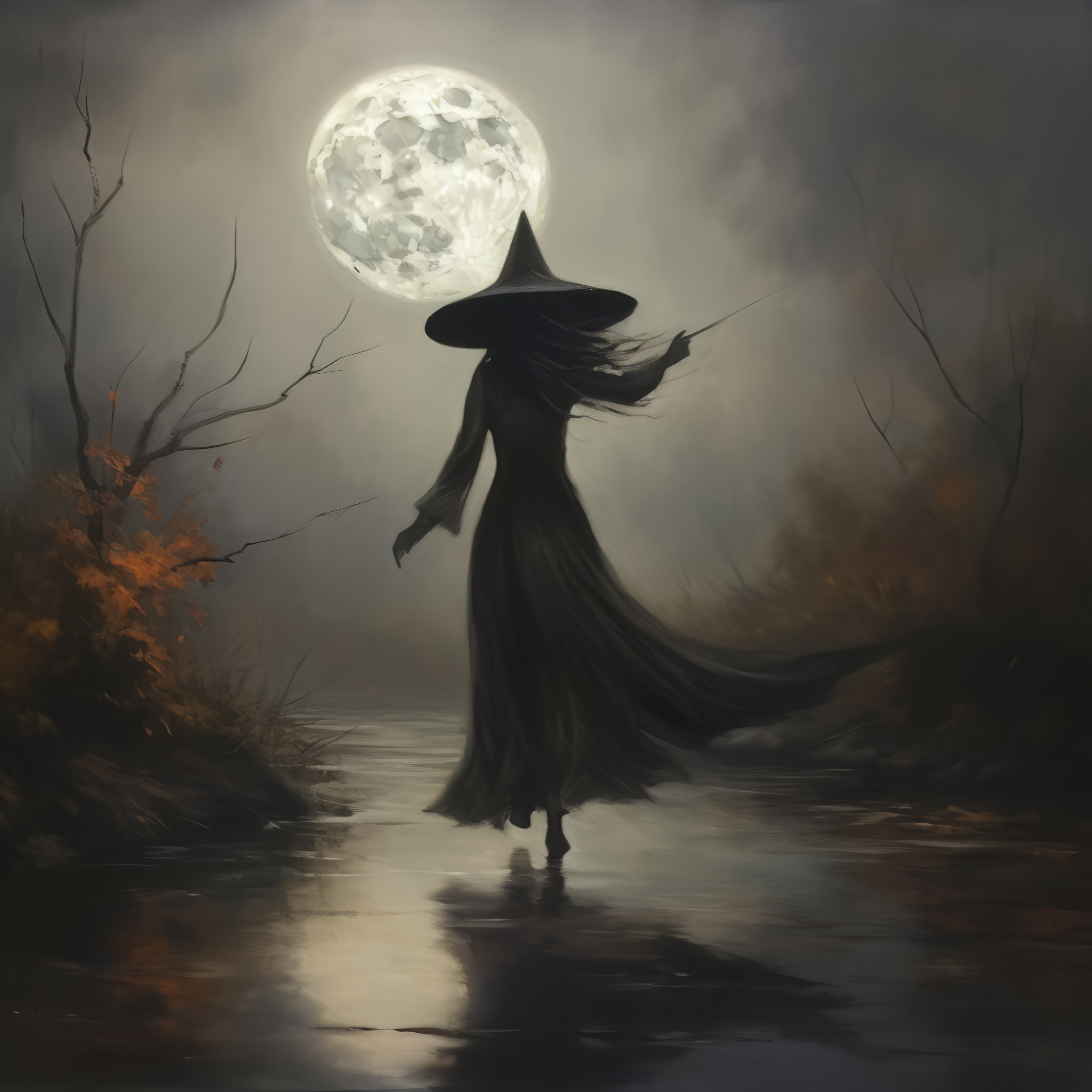 Woman in a person garment walking on a path with a full moon