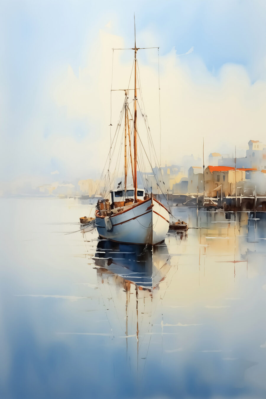 Aquarel van een boot in een haven