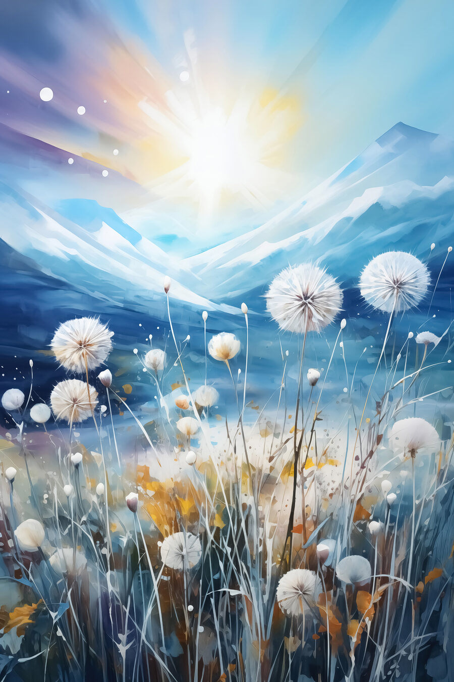 Schilderij van een veld paardenbloemen