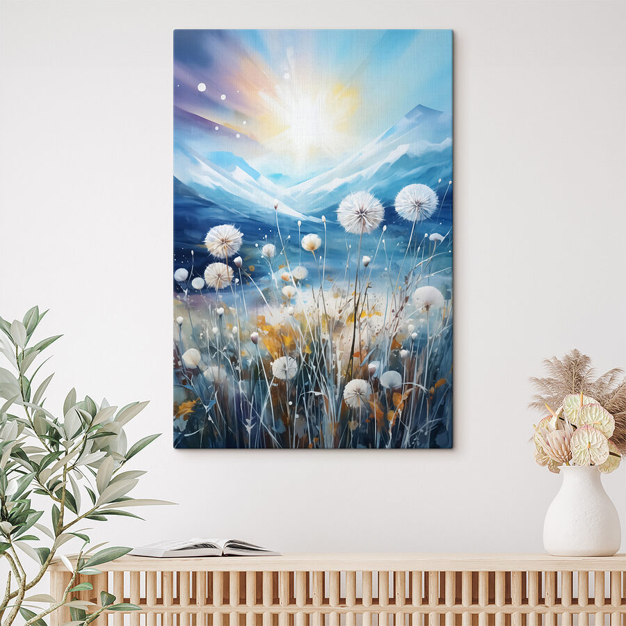 Schilderij van een veld paardenbloemen