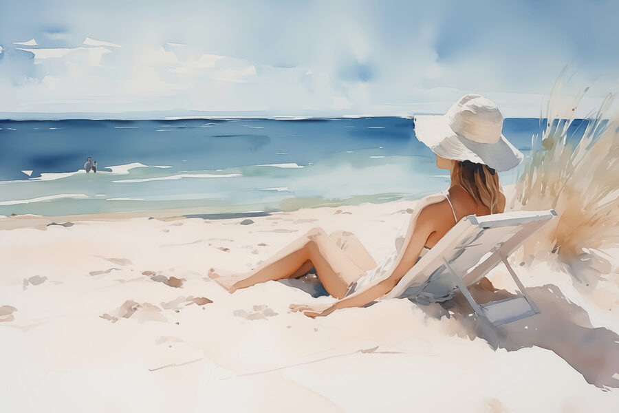 Vrouw zittend in een stoel op een strand