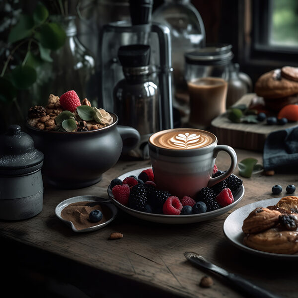 Kopje koffie met latte art op een bord met fruit en ontbijtgranen Kopje koffie met latte art op een bord met fruit en ontbijtgranen