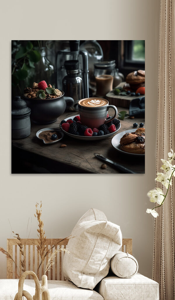 Kopje koffie met latte art op een bord met fruit en ontbijtgranen Kopje koffie met latte art op een bord met fruit en ontbijtgranen
