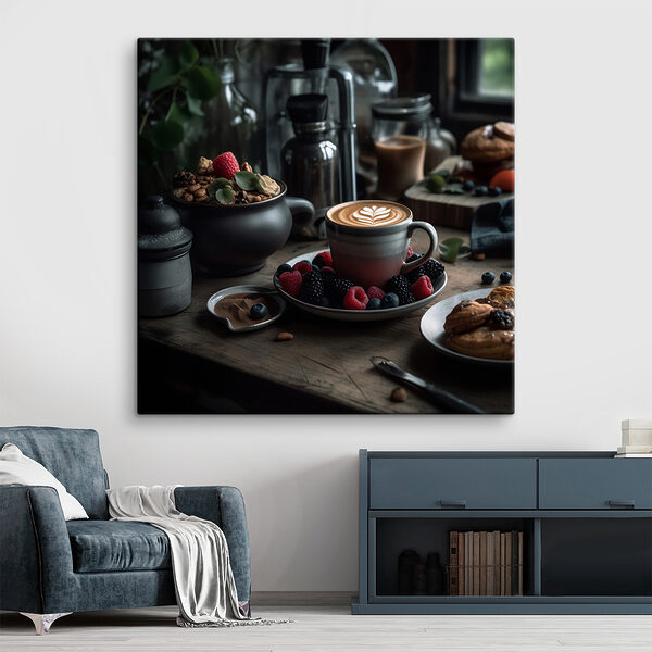 Kopje koffie met latte art op een bord met fruit en ontbijtgranen Kopje koffie met latte art op een bord met fruit en ontbijtgranen