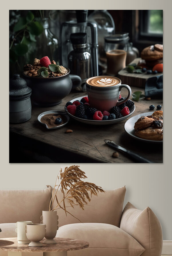 Kopje koffie met latte art op een bord met fruit en ontbijtgranen Kopje koffie met latte art op een bord met fruit en ontbijtgranen