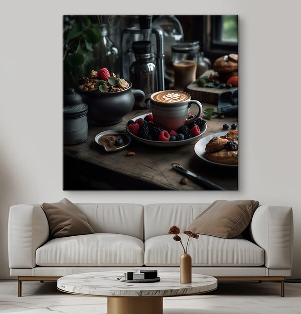 Kopje koffie met latte art op een bord met fruit en ontbijtgranen Kopje koffie met latte art op een bord met fruit en ontbijtgranen