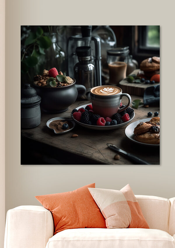 Kopje koffie met latte art op een bord met fruit en ontbijtgranen Kopje koffie met latte art op een bord met fruit en ontbijtgranen