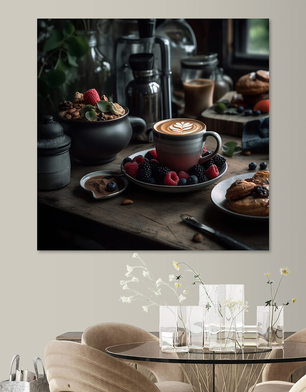 Kopje koffie met latte art op een bord met fruit en ontbijtgranen Kopje koffie met latte art op een bord met fruit en ontbijtgranen