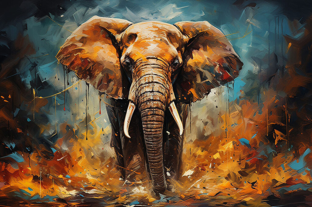 An elephant with tusks and dirt