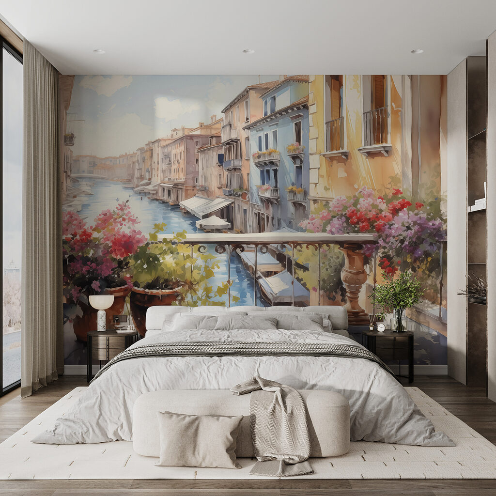 Watercolor painting of a river with a row of buildings and flowers on a balcony Watercolor painting of a river with a row of buildings and flowers on a balcony