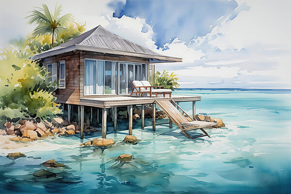 Aquarel van een huis op palen Aquarel van een huis op palen