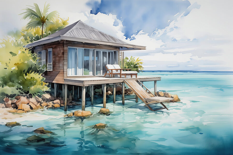 Aquarel van een huis op palen