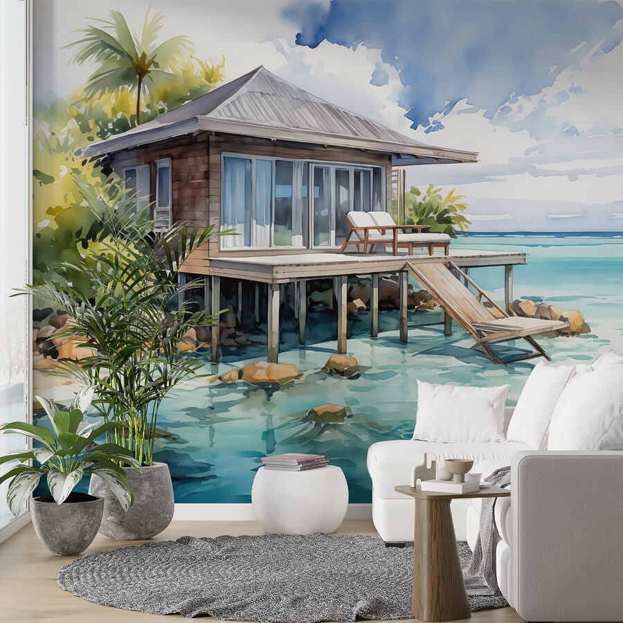 Aquarel van een huis op palen