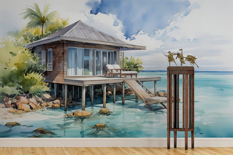 Aquarel van een huis op palen