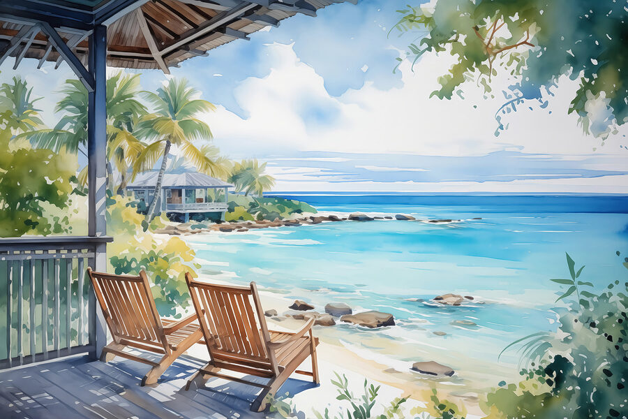 Aquarel schilderij van stoelen op een terras met uitzicht op een strand