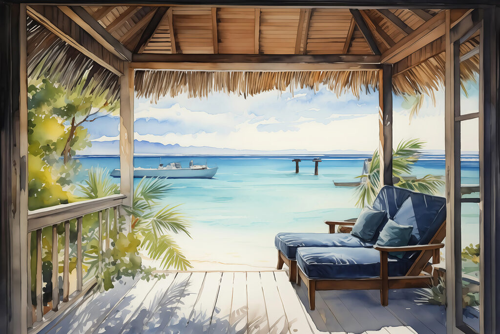 Aquarel van een strand met stoelen en een boot Aquarel van een strand met stoelen en een boot