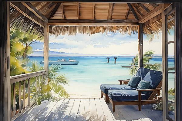 Aquarel van een strand met stoelen en een boot Aquarel van een strand met stoelen en een boot