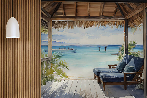 Aquarel van een strand met stoelen en een boot Aquarel van een strand met stoelen en een boot