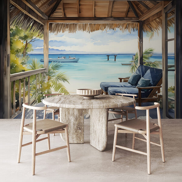 Aquarel van een strand met stoelen en een boot Aquarel van een strand met stoelen en een boot