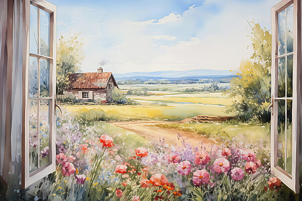 Schilderij van een huis en bloemen Schilderij van een huis en bloemen