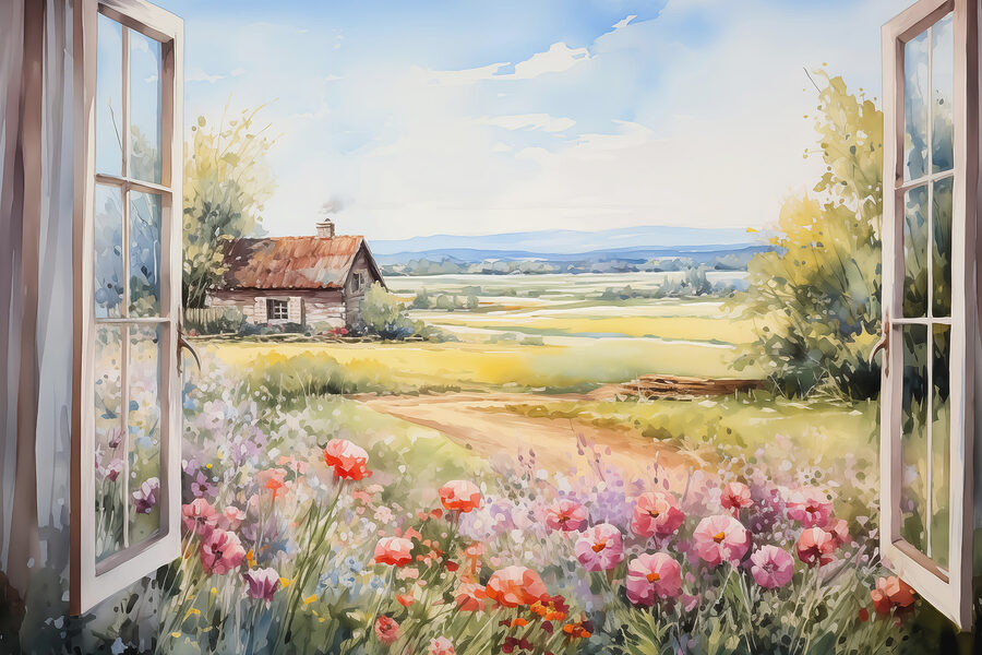 Schilderij van een huis en bloemen