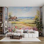 Schilderij van een huis en bloemen Fotobehang Schilderij van een huis en bloemen