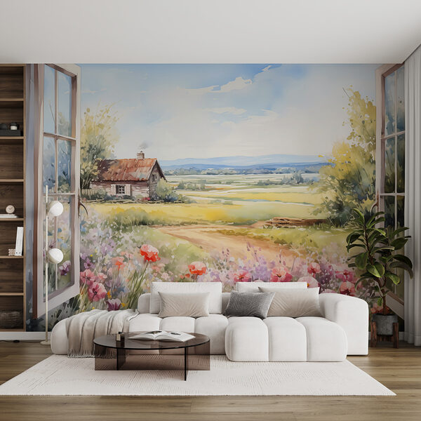 Schilderij van een huis en bloemen Schilderij van een huis en bloemen