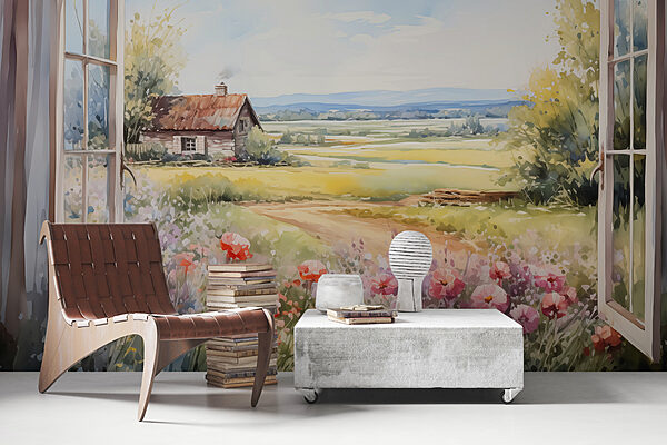Schilderij van een huis en bloemen Schilderij van een huis en bloemen