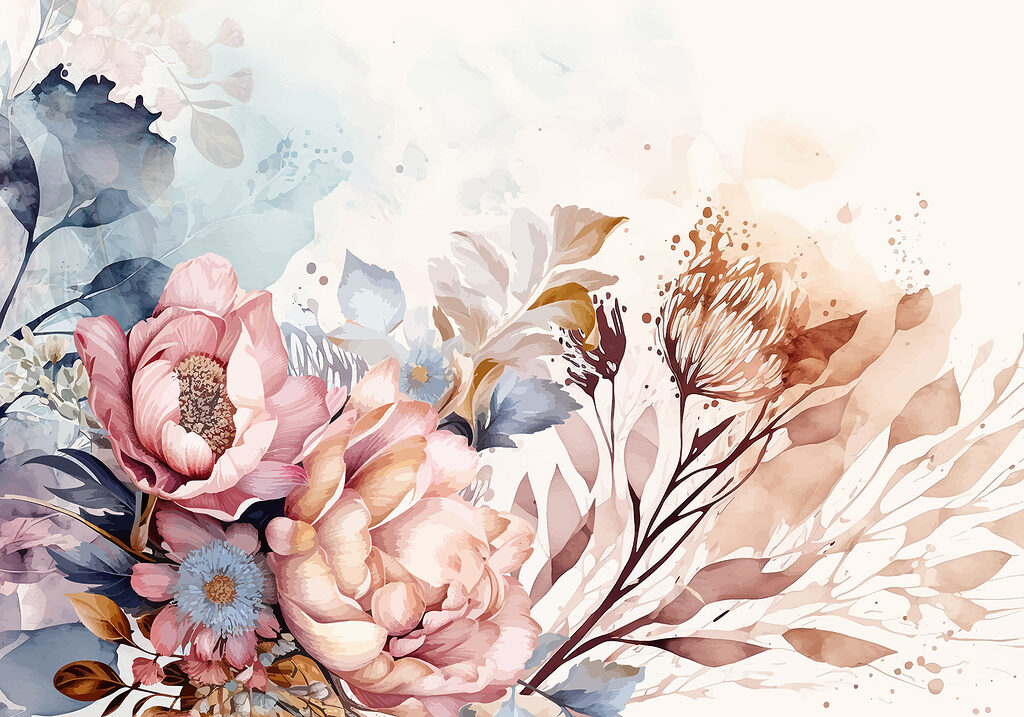 Schilderij van bloemen en bladeren Schilderij van bloemen en bladeren
