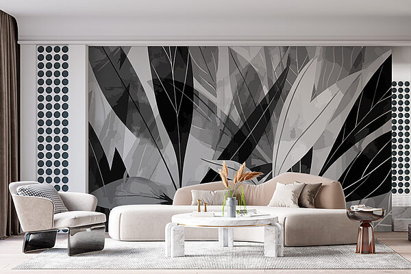 Zwart-wit afbeelding van bladeren Fotobehang Zwart-wit afbeelding van bladeren