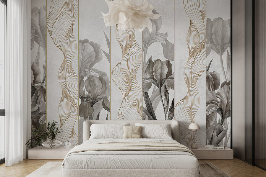 Behang met bloemen en lijnen
