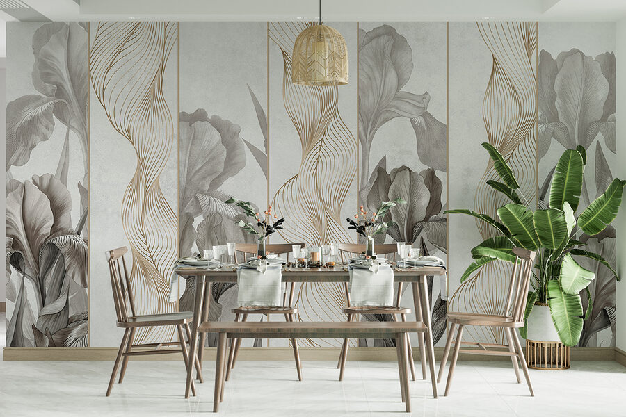 Behang met bloemen en lijnen