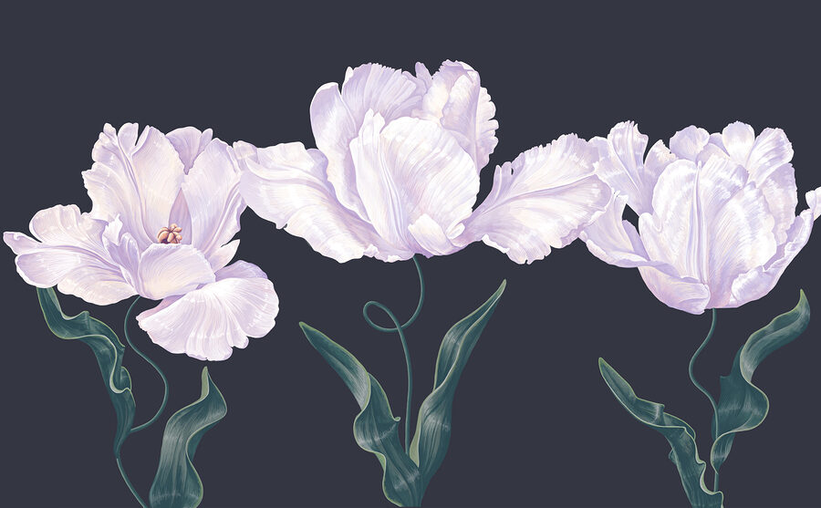 Rij witte bloemen met groene bladeren