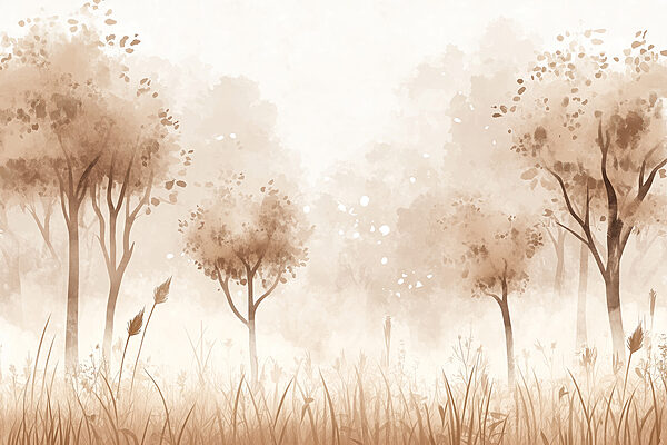 Foggy landscape with trees and grass