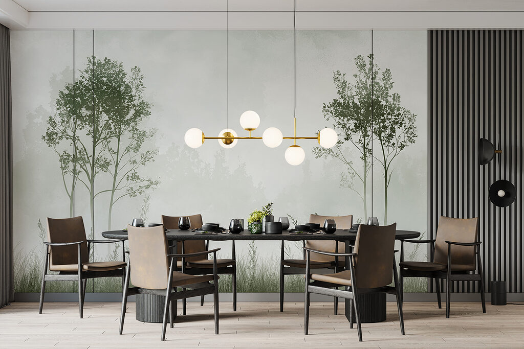 Foggy landscape with trees and grass Foggy landscape with trees and grass