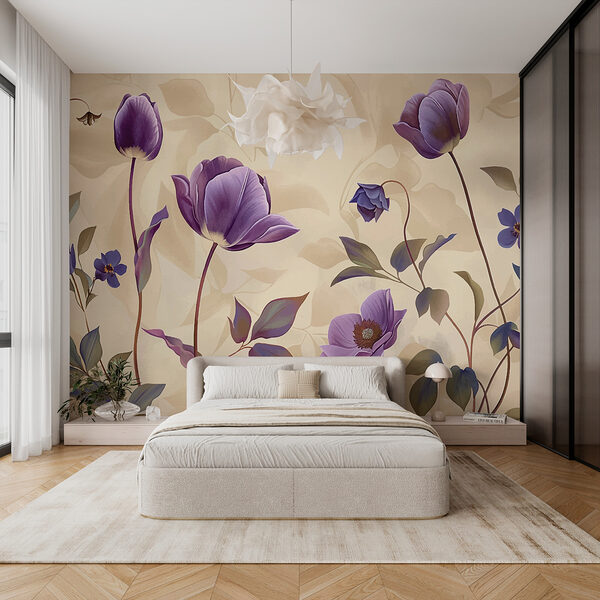 Paarse bloemen op een beige achtergrond Paarse bloemen op een beige achtergrond