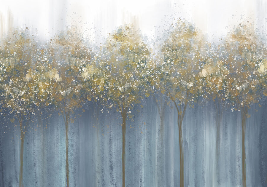 Schilderij van bomen in een mistig bos