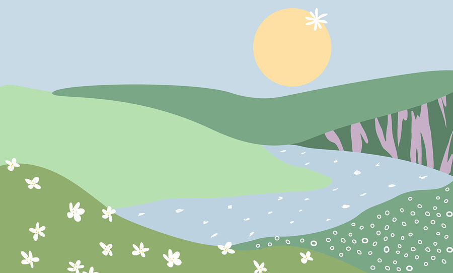 Landschap met een rivier en bloemen