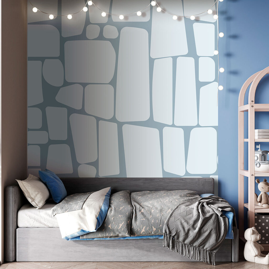 White rectangular shapes on a blue background