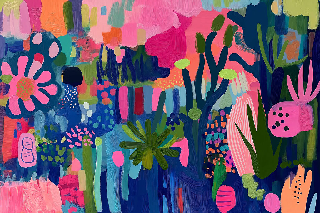 Kleurrijk schilderij van planten en bloemen Kleurrijk schilderij van planten en bloemen
