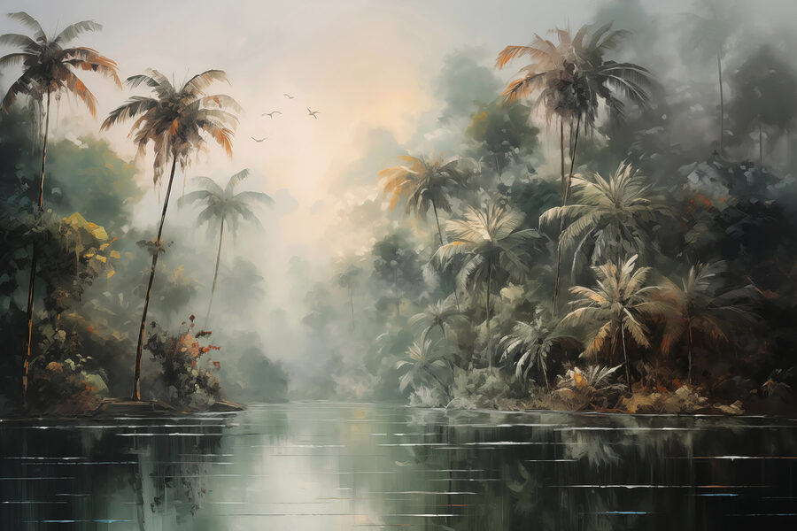 Water met palmbomen en vliegende vogels Water met palmbomen en vliegende vogels