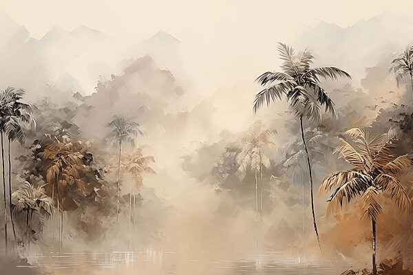 Schilderij van een bos met bomen en mist Schilderij van een bos met bomen en mist
