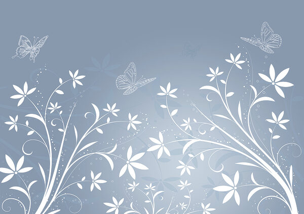 Witte bloemen en vlinders op een blauwe achtergrond Witte bloemen en vlinders op een blauwe achtergrond