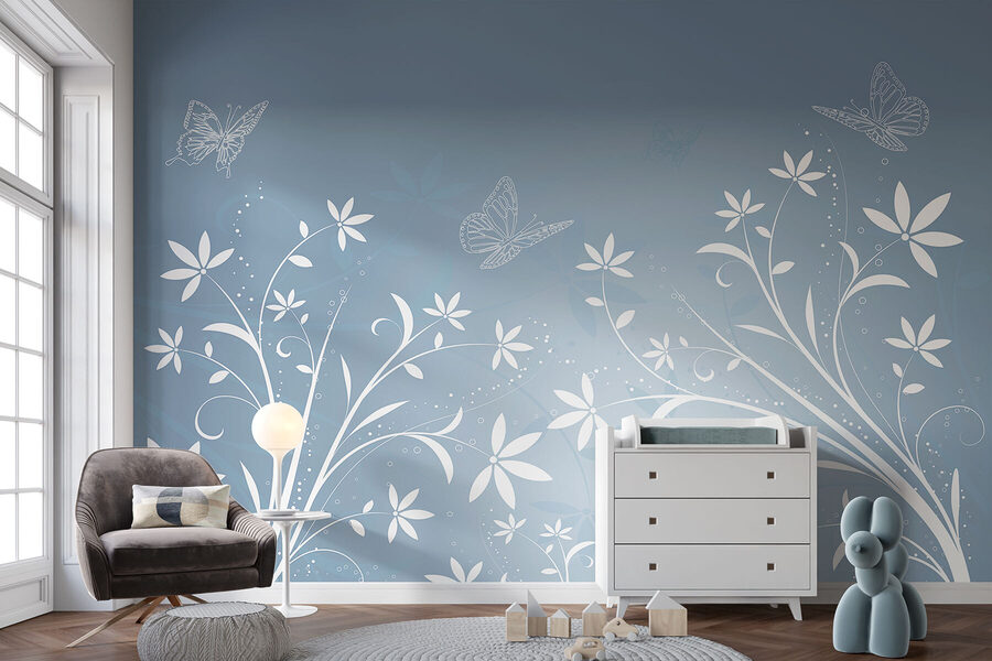 Witte bloemen en vlinders op een blauwe achtergrond