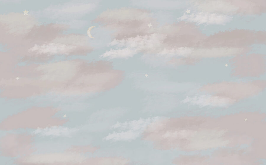 Blauwe lucht met wolken en een maansikkel