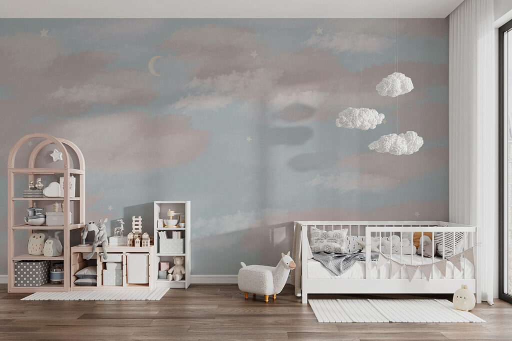 Blue sky with clouds and a crescent moon Blue sky with clouds and a crescent moon